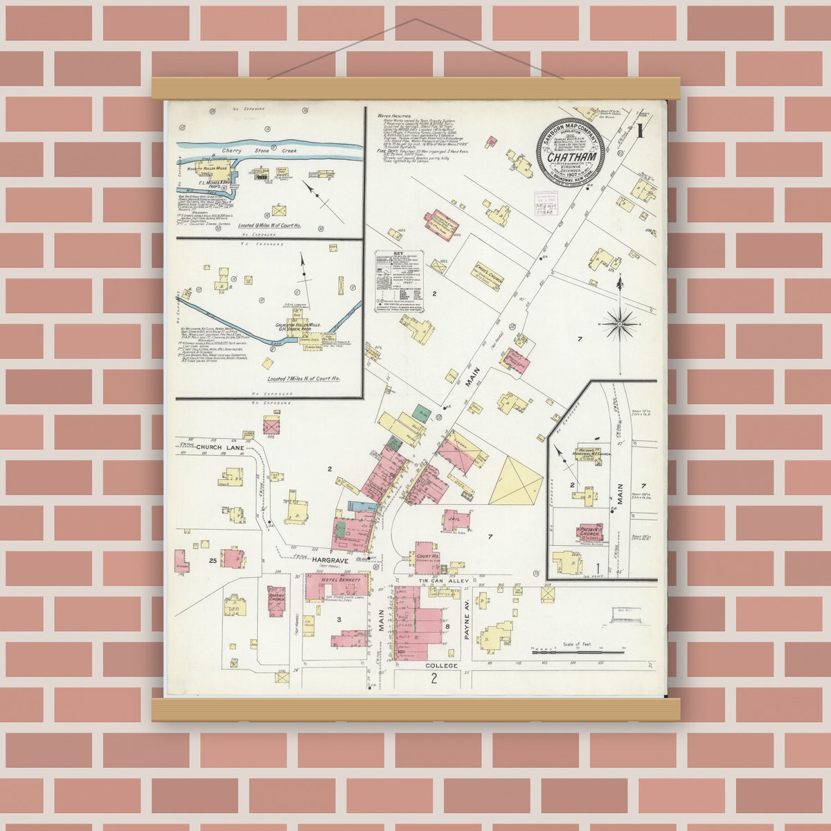 Old map wall art mockup — magnetic wood frame on brick wall — Sanborn Fire Insurance Map from Chatham, Pittsylvania County, Virginia (1907) - Complete Map Set