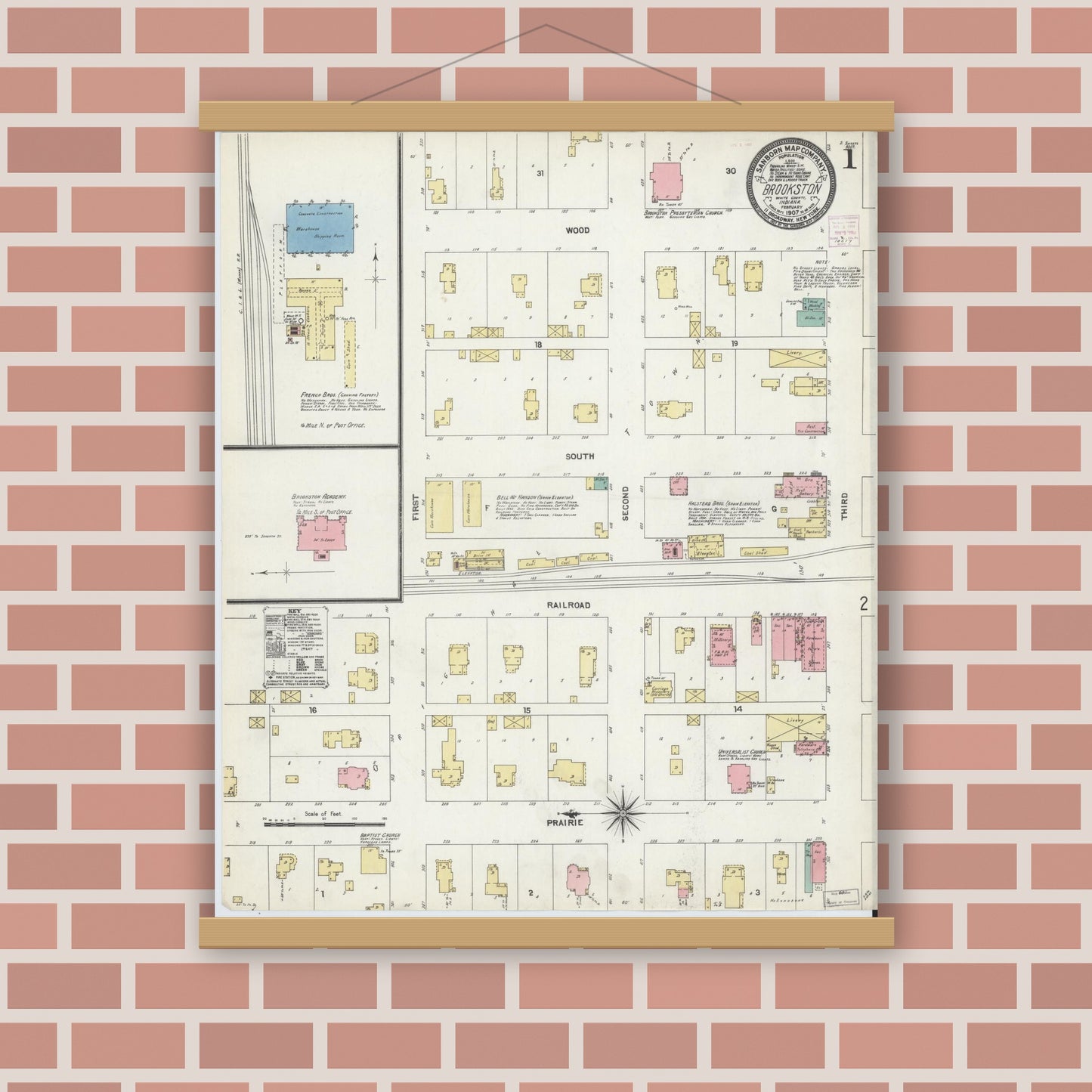 Old map wall art mockup — magnetic wood frame on brick wall — Sanborn Fire Insurance Map from Brookston, White County, Indiana (1907) - Complete Map Set