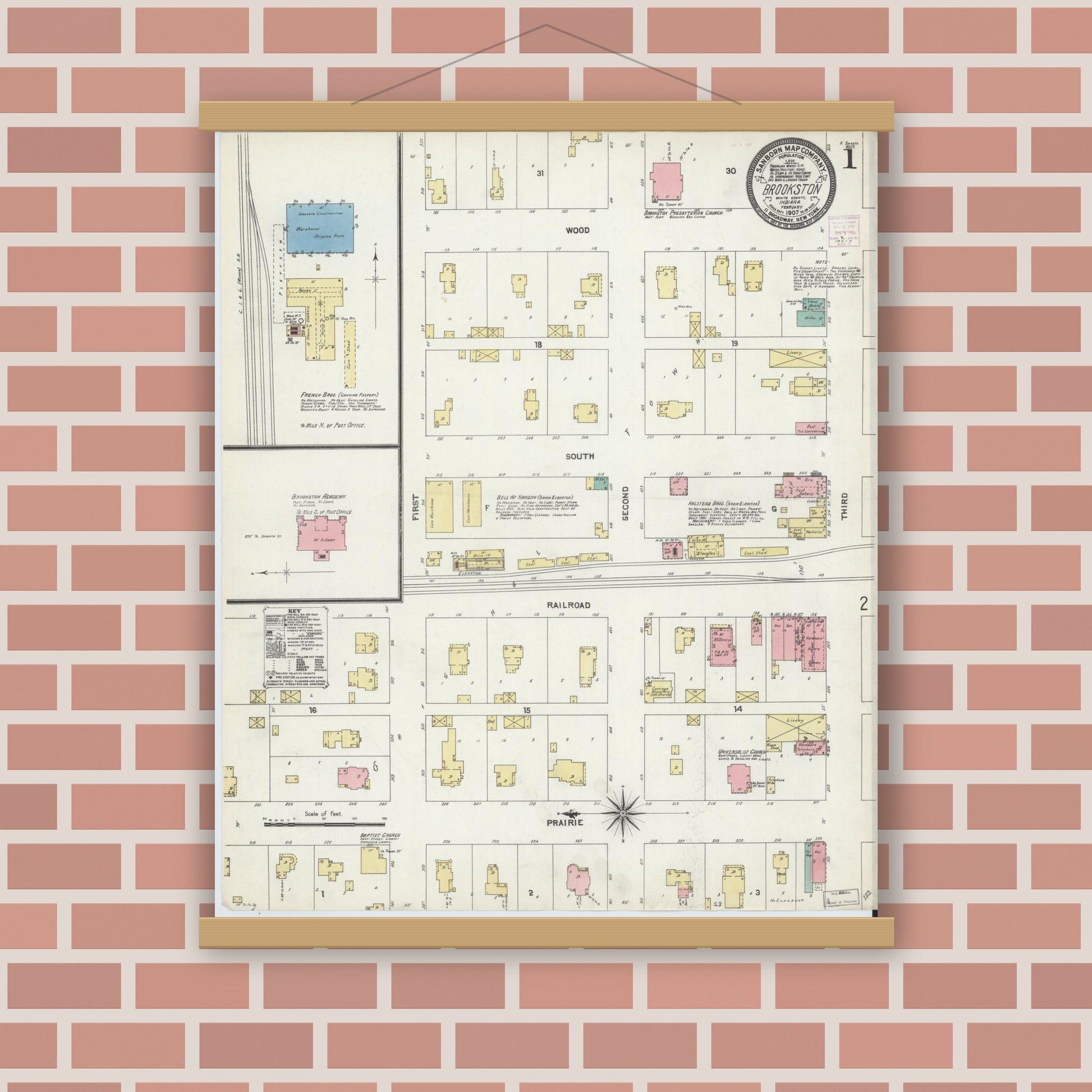 Old map wall art mockup — magnetic wood frame on brick wall — Sanborn Fire Insurance Map from Brookston, White County, Indiana (1907) - Complete Map Set