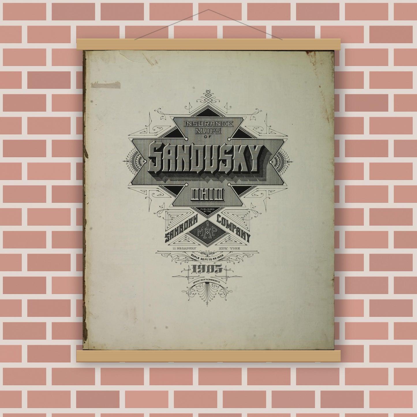 Old map wall art mockup — magnetic wood frame on brick wall — Sanborn Fire Insurance Map from Sandusky, Erie County, Ohio (1905), Sheet #0001