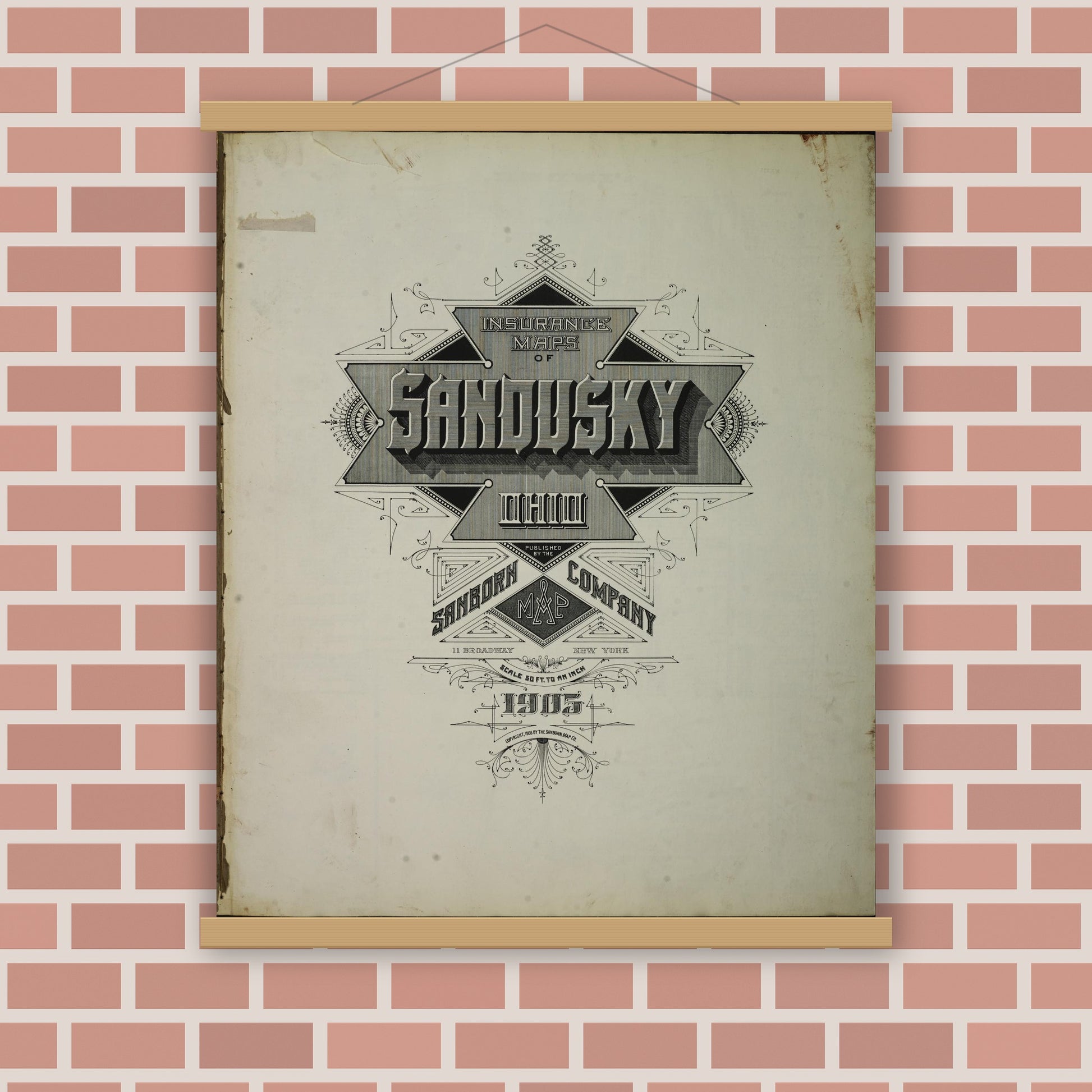 Old map wall art mockup — magnetic wood frame on brick wall — Sanborn Fire Insurance Map from Sandusky, Erie County, Ohio (1905), Sheet #0001