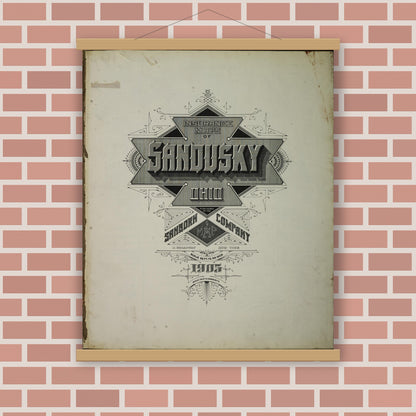 Old map wall art mockup — magnetic wood frame on brick wall — Sanborn Fire Insurance Map from Sandusky, Erie County, Ohio (1905), Sheet #0001