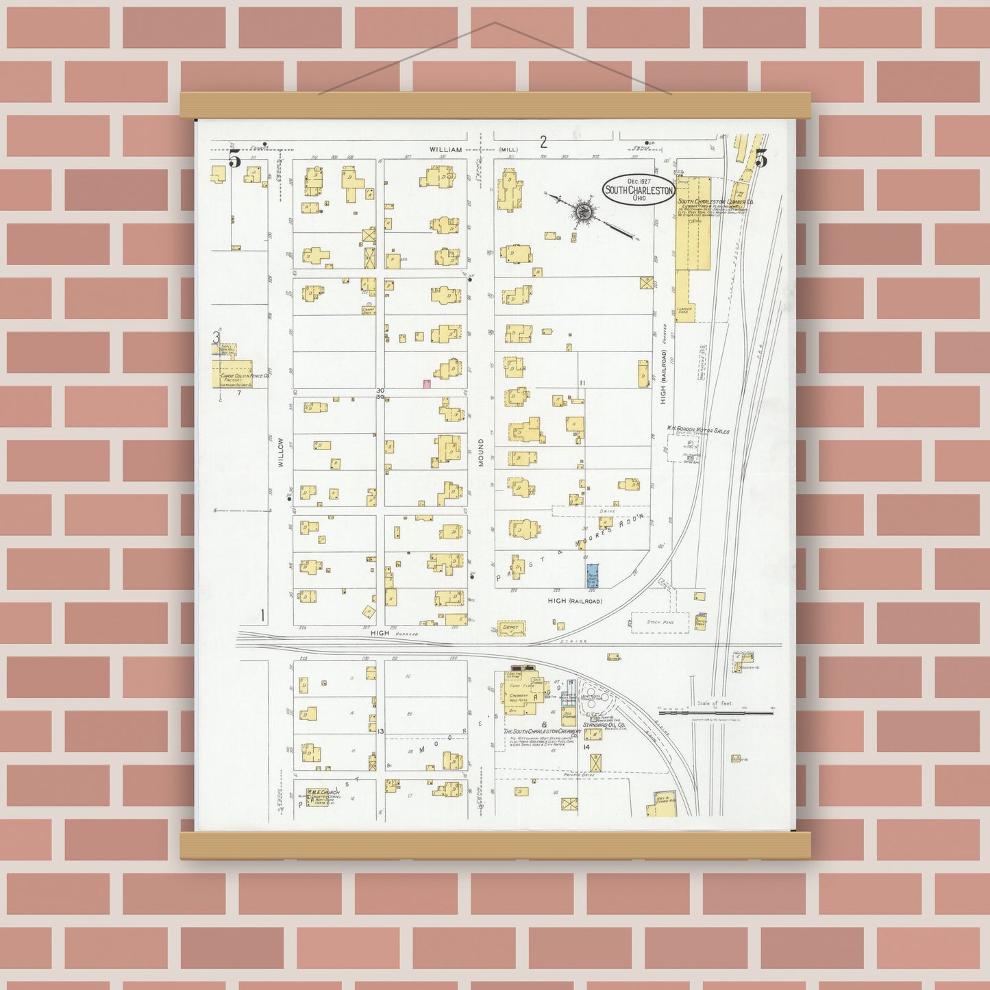 Old map wall art mockup — magnetic wood frame on brick wall — Sanborn Fire Insurance Map from South Charleston, Clark County, Ohio (1927), Sheet #0005