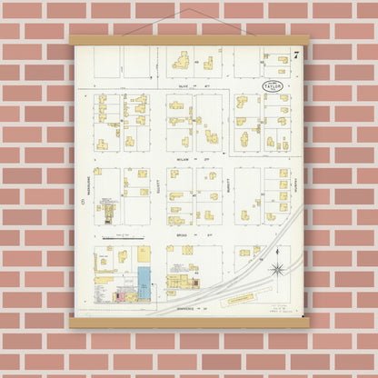 Old map wall art mockup — magnetic wood frame on brick wall — Sanborn Fire Insurance Map from Taylor, Williamson County, Texas (1904), Sheet #0007