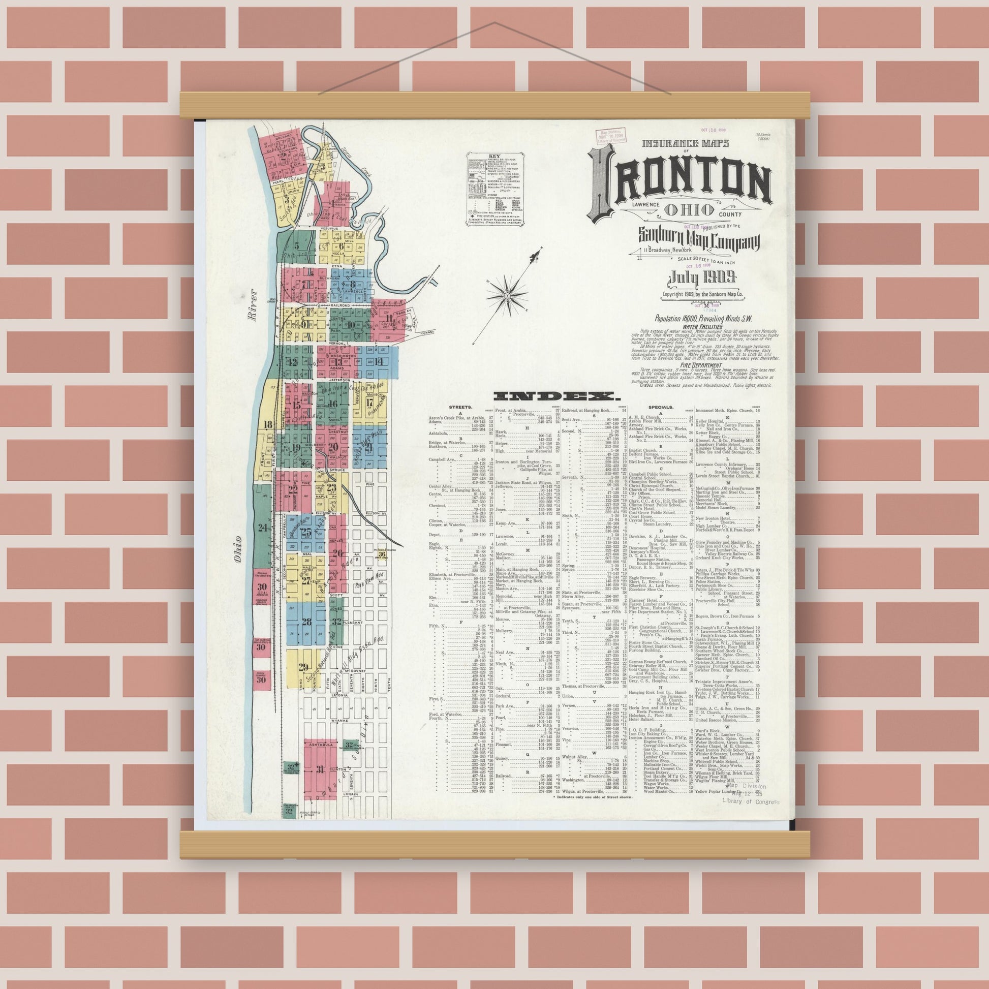 Old map wall art mockup — magnetic wood frame on brick wall — Sanborn Fire Insurance Map from Ironton, Lawrence County, Ohio (1909) - Complete Map Set