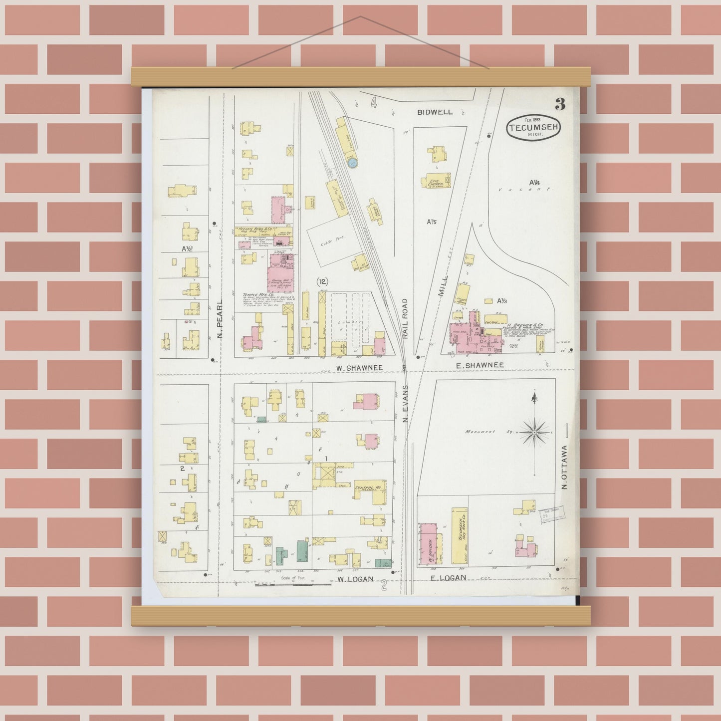 Old map wall art mockup — magnetic wood frame on brick wall — Sanborn Fire Insurance Map from Tecumseh, Lenawee County, Michigan (1893), Sheet #0003