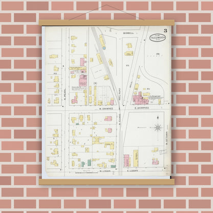 Old map wall art mockup — magnetic wood frame on brick wall — Sanborn Fire Insurance Map from Tecumseh, Lenawee County, Michigan (1893), Sheet #0003