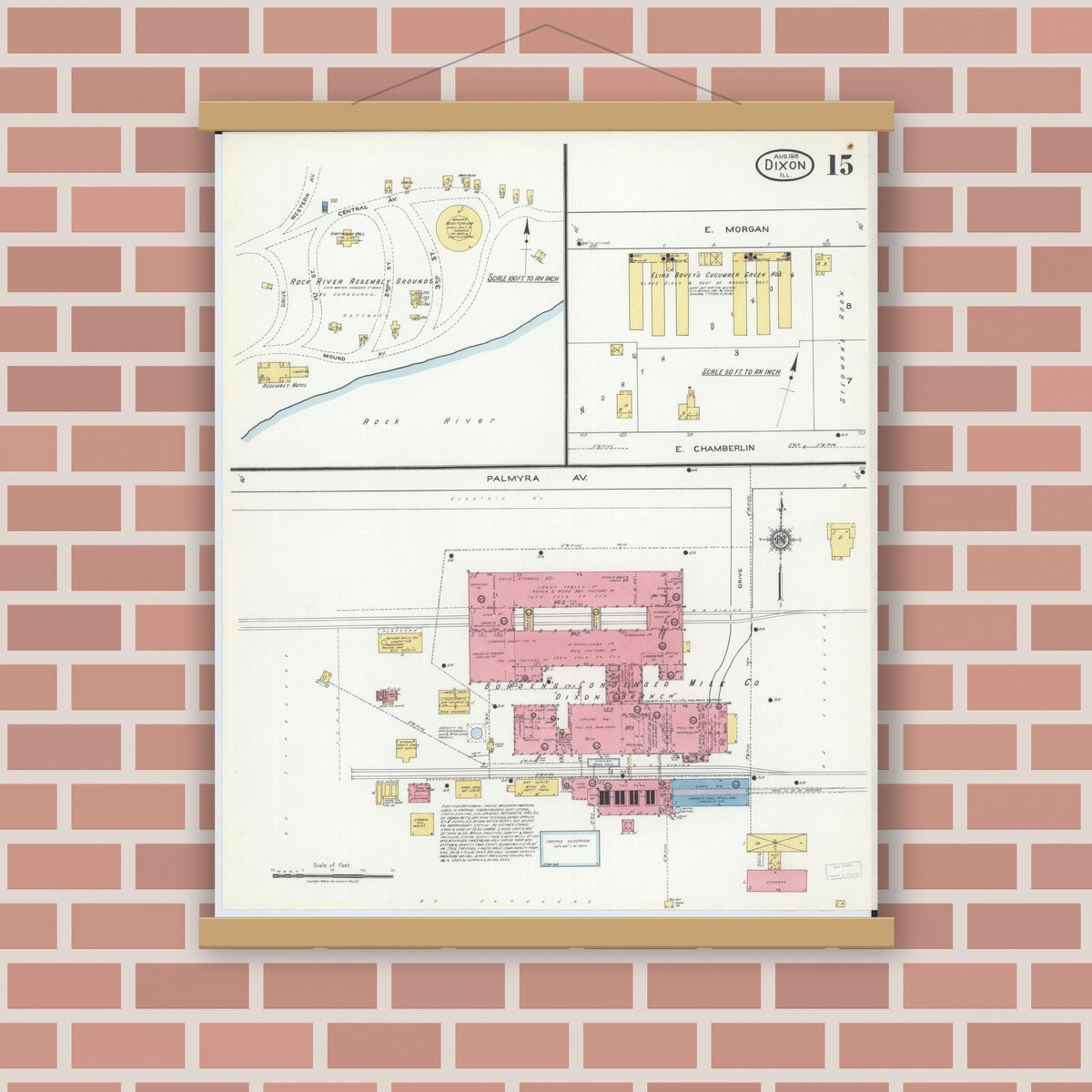 Old map wall art mockup — magnetic wood frame on brick wall — Sanborn Fire Insurance Map from Dixon, Lee County, Illinois (1918), Sheet #0015