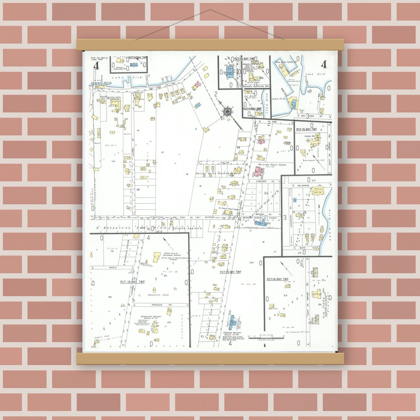 Old map wall art mockup — magnetic wood frame on brick wall — Sanborn Fire Insurance Map from Put-in-bay, Ottawa County, Ohio (1950), Sheet #0004