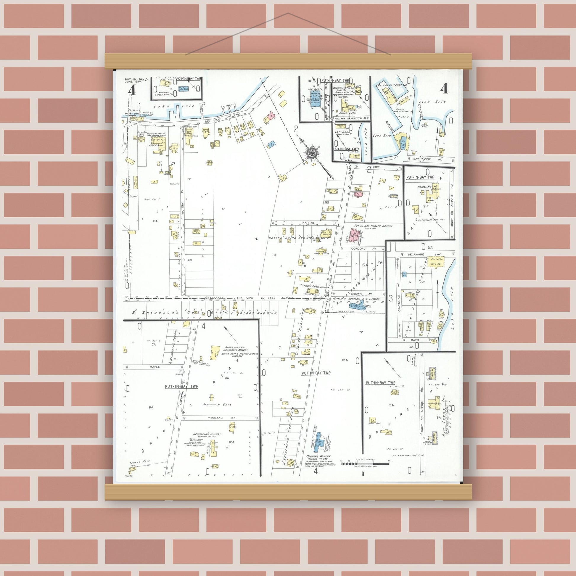 Old map wall art mockup — magnetic wood frame on brick wall — Sanborn Fire Insurance Map from Put-in-bay, Ottawa County, Ohio (1950), Sheet #0004