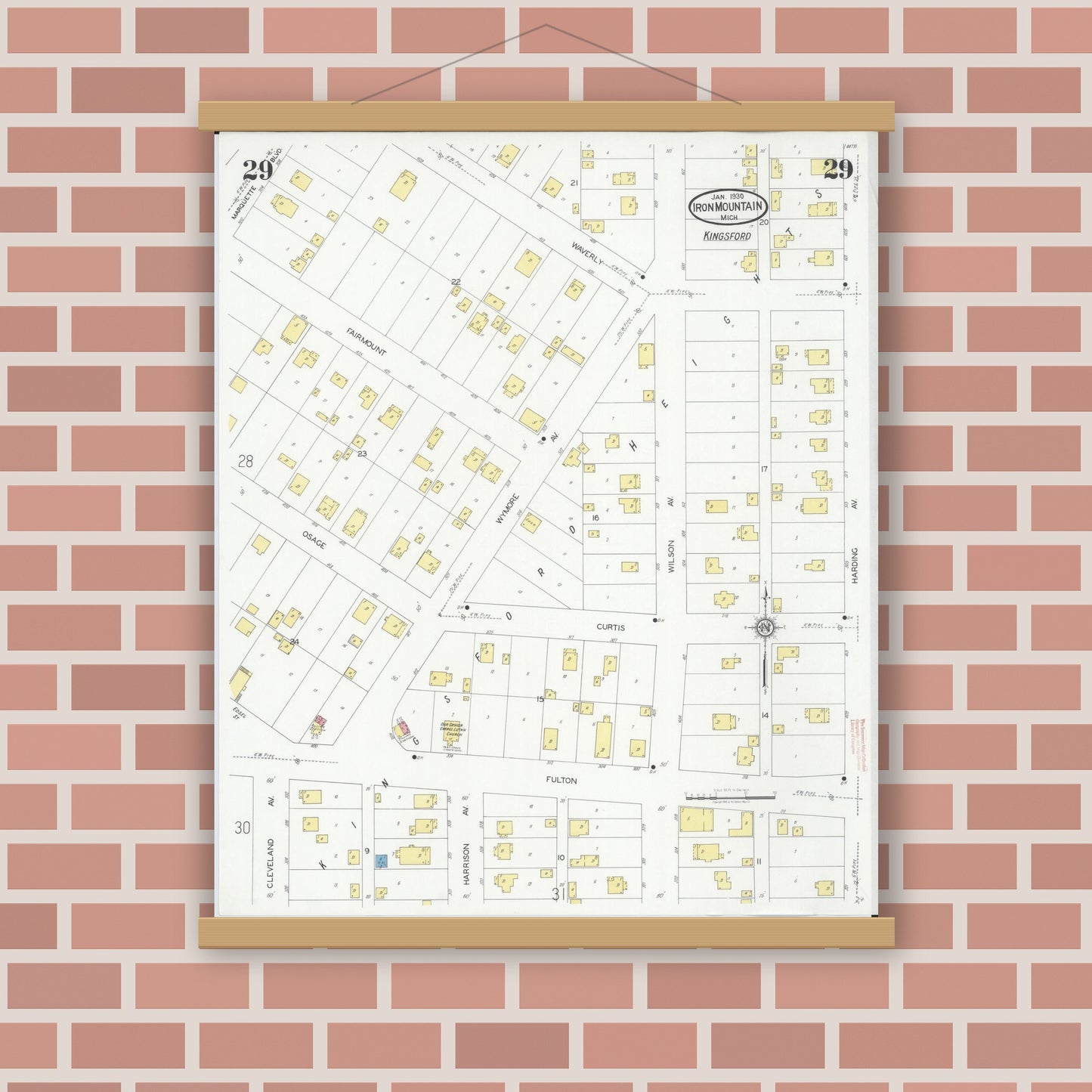 Old map wall art mockup — magnetic wood frame on brick wall — Sanborn Fire Insurance Map from Iron Mountain, Dickinson County, Michigan (1930), Sheet #0029