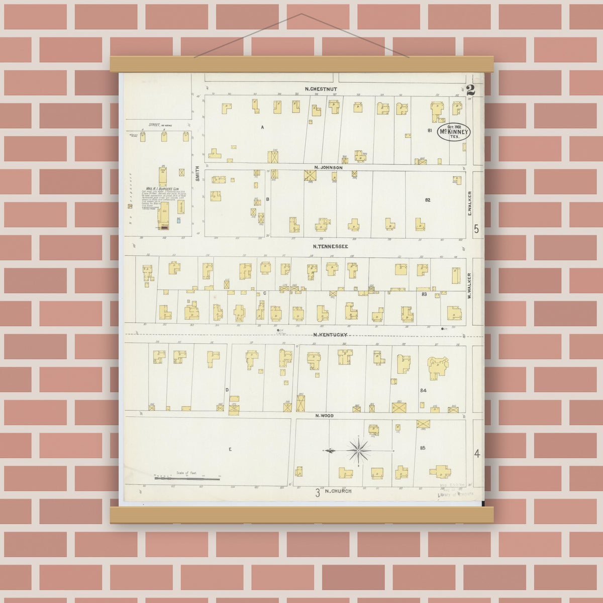 Old map wall art mockup — magnetic wood frame on brick wall — Sanborn Fire Insurance Map from McKinney, Collin County, Texas (1902), Sheet #0002