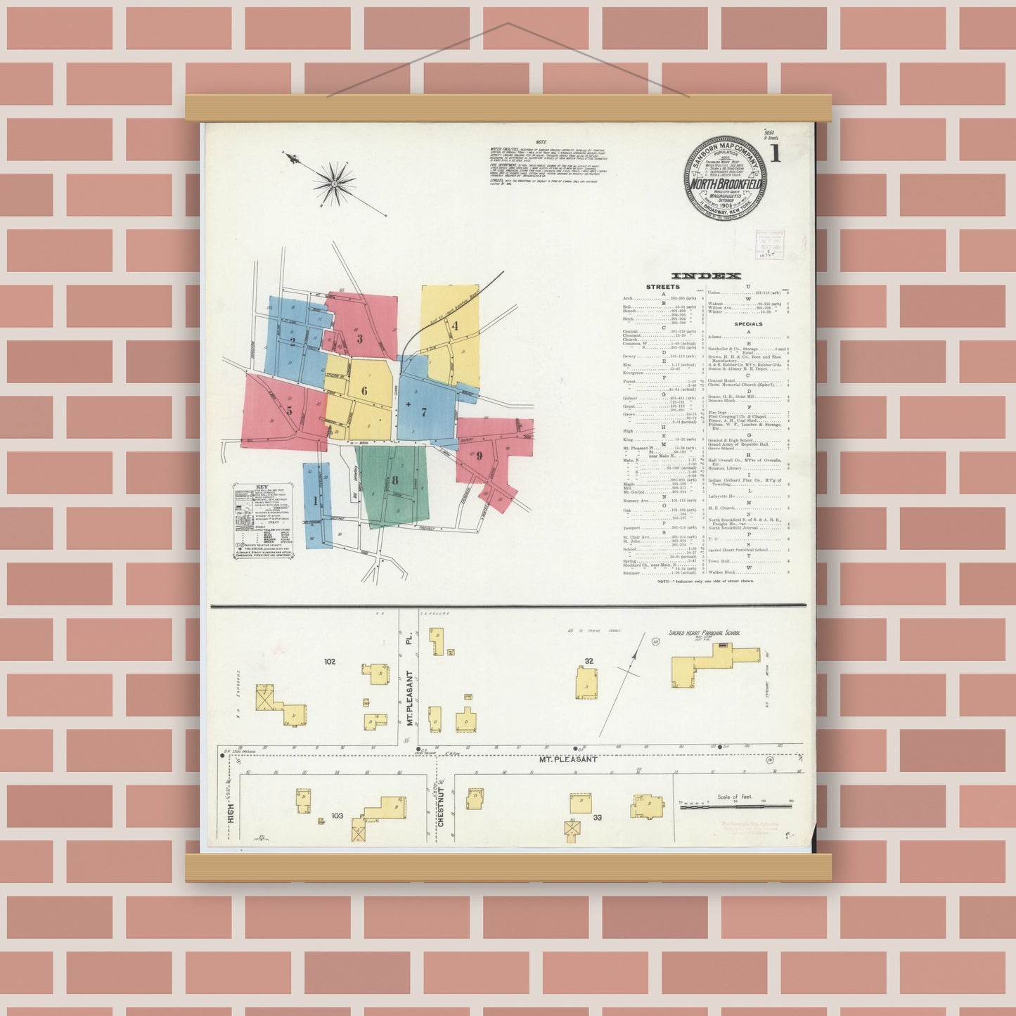 Old map wall art mockup — magnetic wood frame on brick wall — Sanborn Fire Insurance Map from North Brookfield, Worcester County, Massachusetts (1906) - Complete Map Set