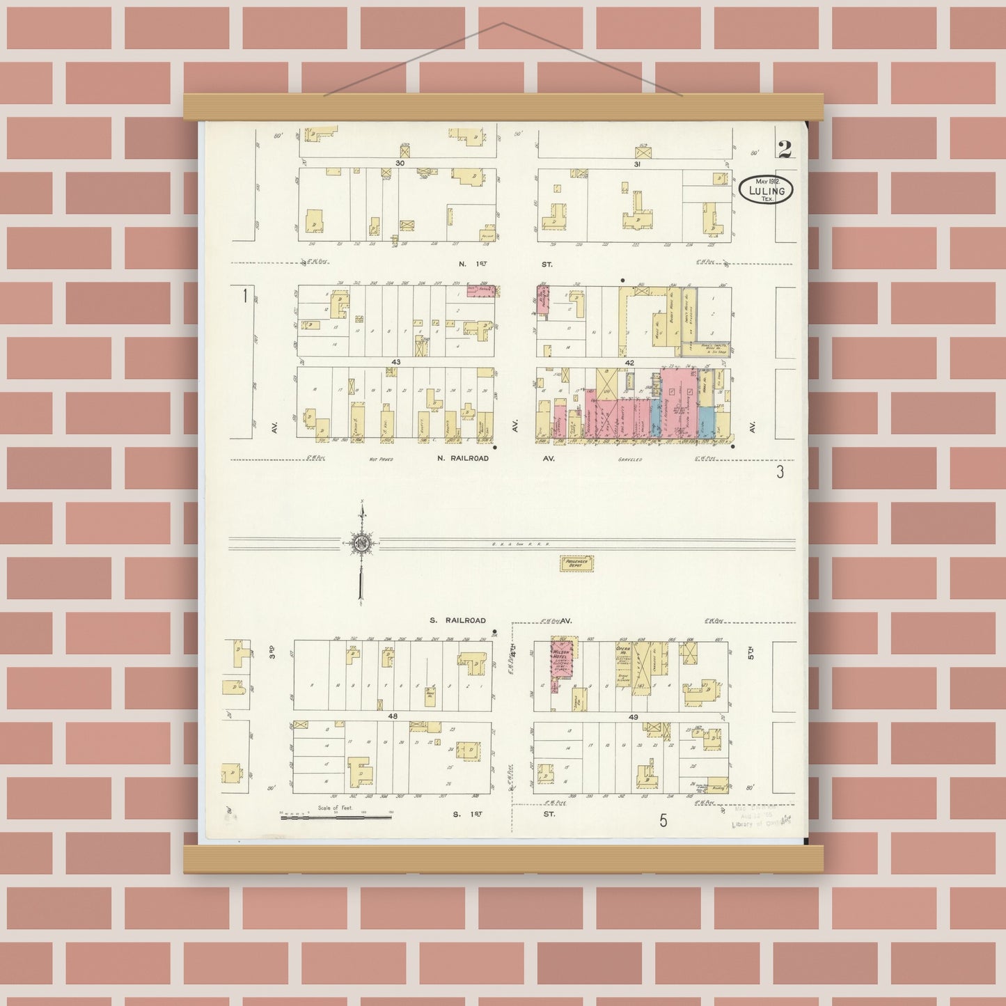 Old map wall art mockup — magnetic wood frame on brick wall — Sanborn Fire Insurance Map from Luling, Caldwell County, Texas (1912), Sheet #0002