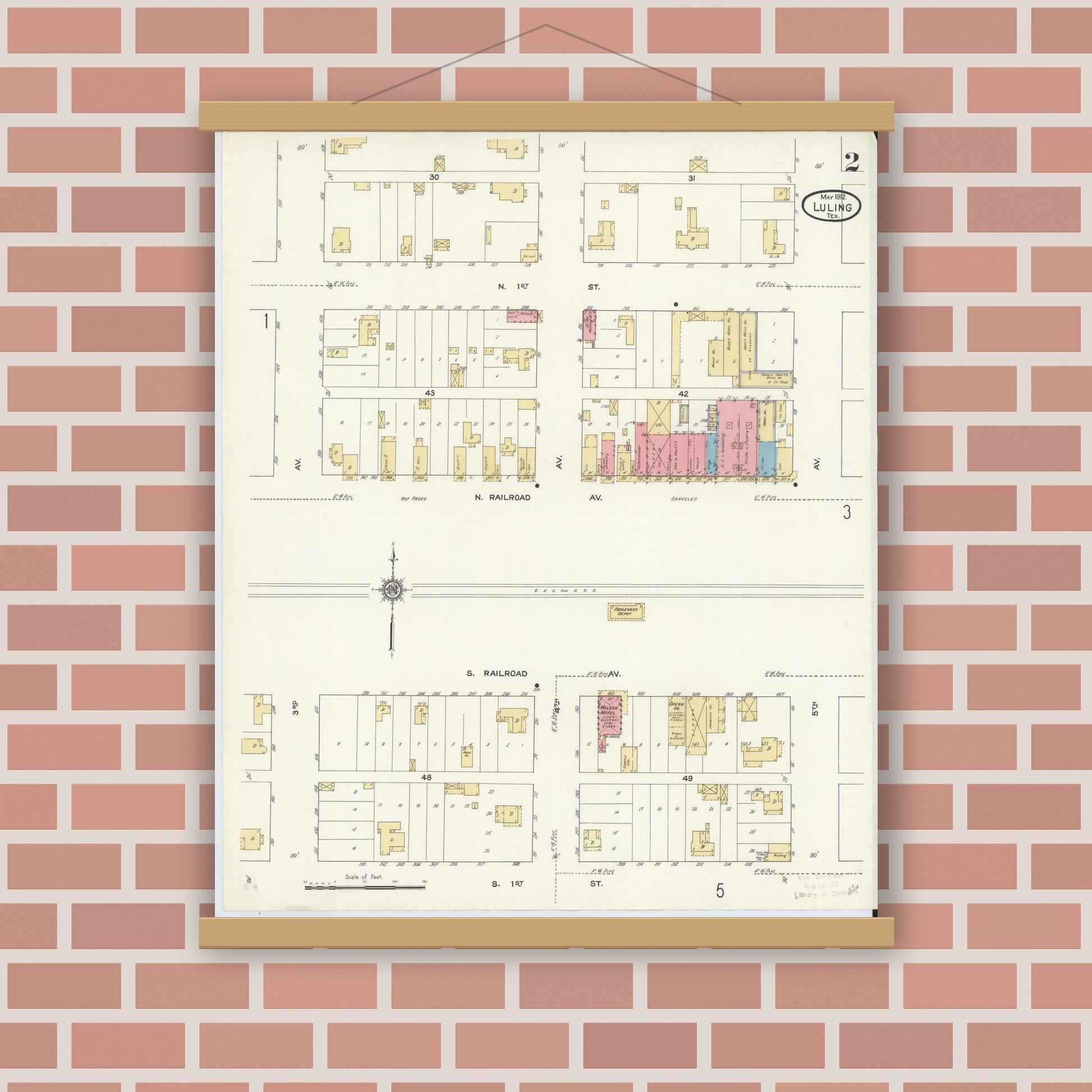 Old map wall art mockup — magnetic wood frame on brick wall — Sanborn Fire Insurance Map from Luling, Caldwell County, Texas (1912), Sheet #0002