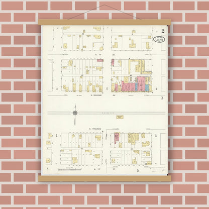Old map wall art mockup — magnetic wood frame on brick wall — Sanborn Fire Insurance Map from Luling, Caldwell County, Texas (1912), Sheet #0002