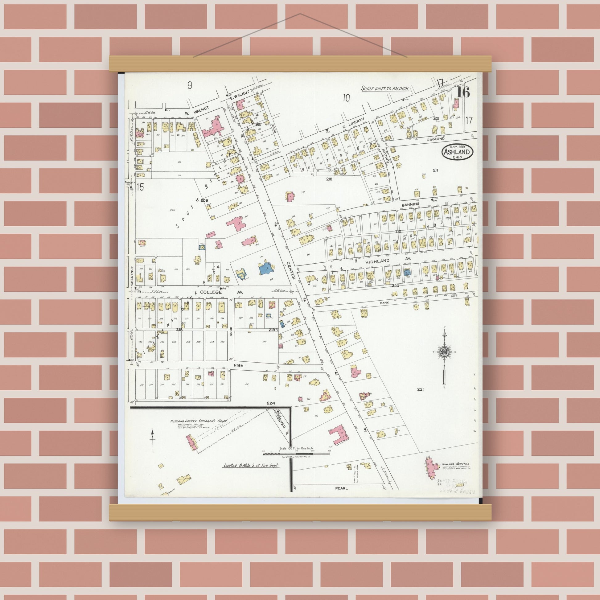 Old map wall art mockup — magnetic wood frame on brick wall — Sanborn Fire Insurance Map from Ashland, Ashland County, Ohio (1919), Sheet #0016