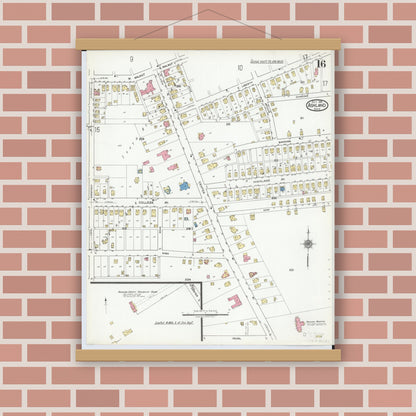 Old map wall art mockup — magnetic wood frame on brick wall — Sanborn Fire Insurance Map from Ashland, Ashland County, Ohio (1919), Sheet #0016