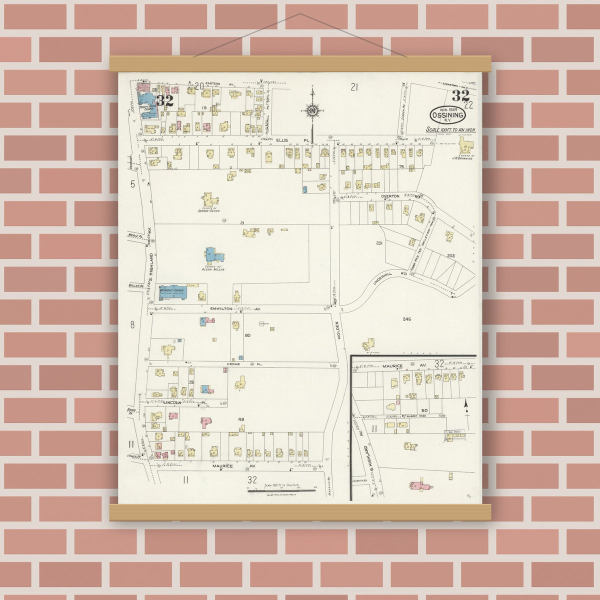 Old map wall art mockup — magnetic wood frame on brick wall — Sanborn Fire Insurance Map from Ossining, Westchester County, New York (1924), Sheet #0032