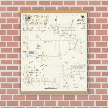 Old map wall art mockup — magnetic wood frame on brick wall — Sanborn Fire Insurance Map from Ossining, Westchester County, New York (1924), Sheet #0032