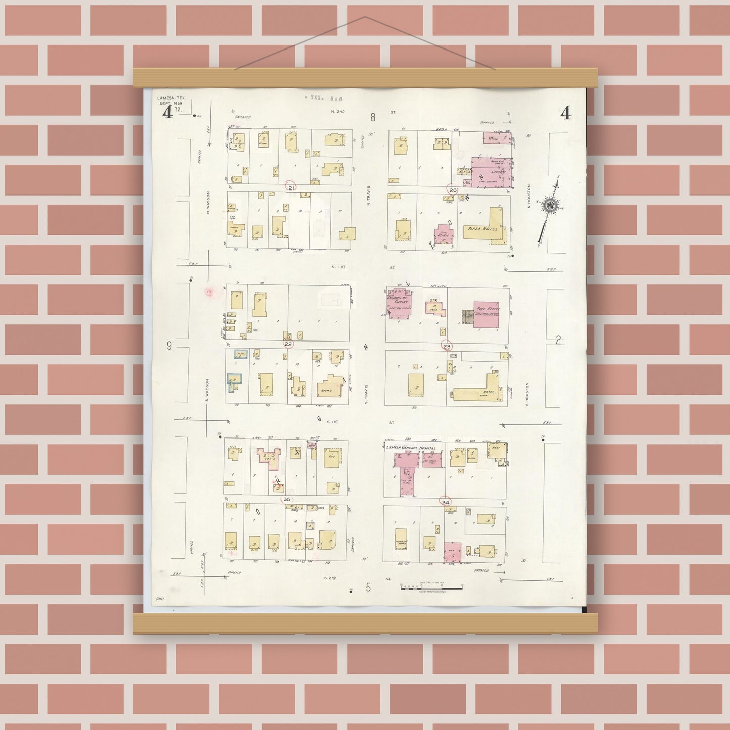Old map wall art mockup — magnetic wood frame on brick wall — Sanborn Fire Insurance Map from Lamesa, Dawson County, Texas (1948), Sheet #0004