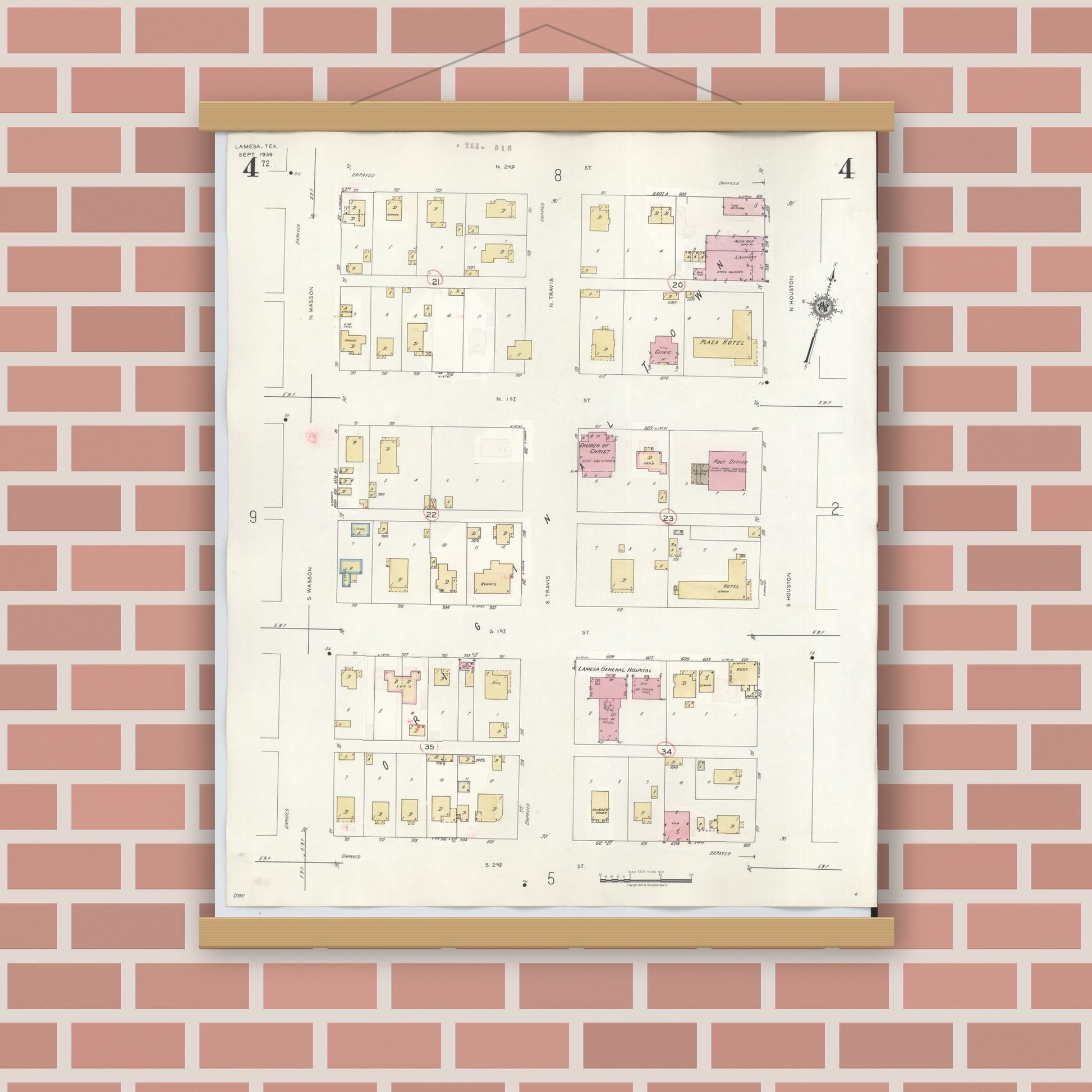 Old map wall art mockup — magnetic wood frame on brick wall — Sanborn Fire Insurance Map from Lamesa, Dawson County, Texas (1948), Sheet #0004