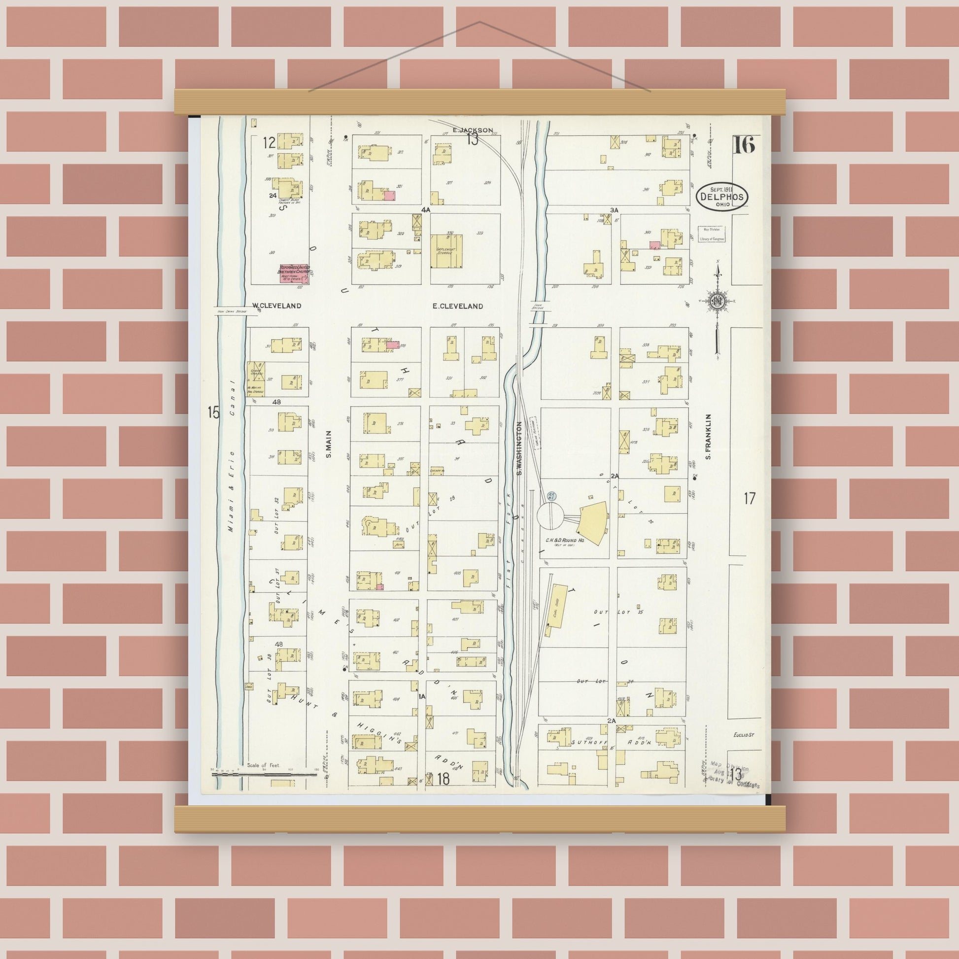 Old map wall art mockup — magnetic wood frame on brick wall — Sanborn Fire Insurance Map from Delphos, Van Wert And Allen Counties, Ohio (1911), Sheet #0016