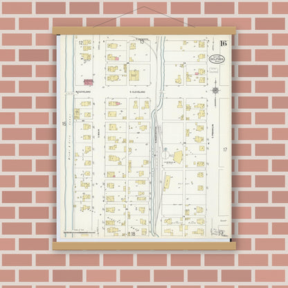Old map wall art mockup — magnetic wood frame on brick wall — Sanborn Fire Insurance Map from Delphos, Van Wert And Allen Counties, Ohio (1911), Sheet #0016