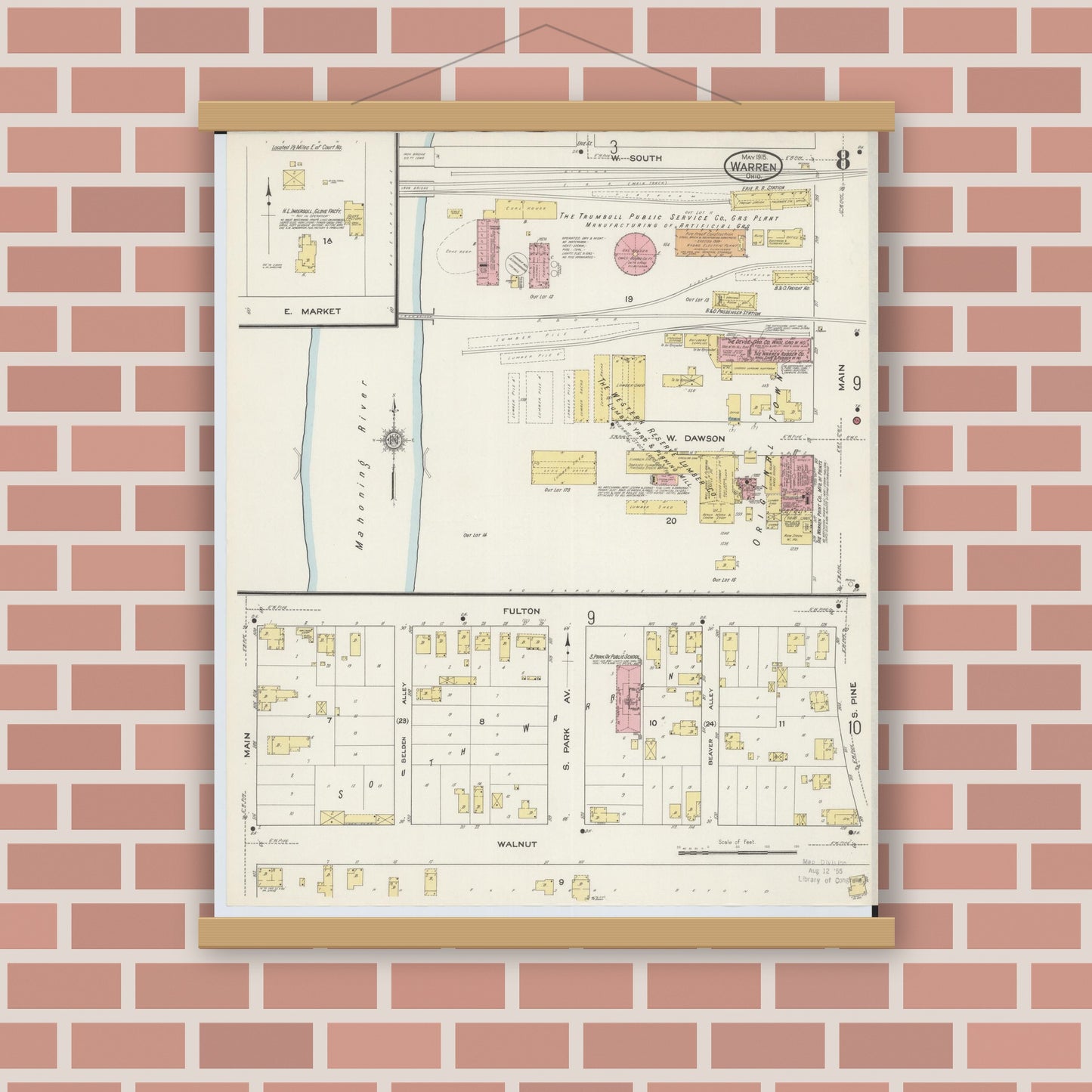 Old map wall art mockup — magnetic wood frame on brick wall — Sanborn Fire Insurance Map from Warren, Trumbull County, Ohio (1915), Sheet #0008