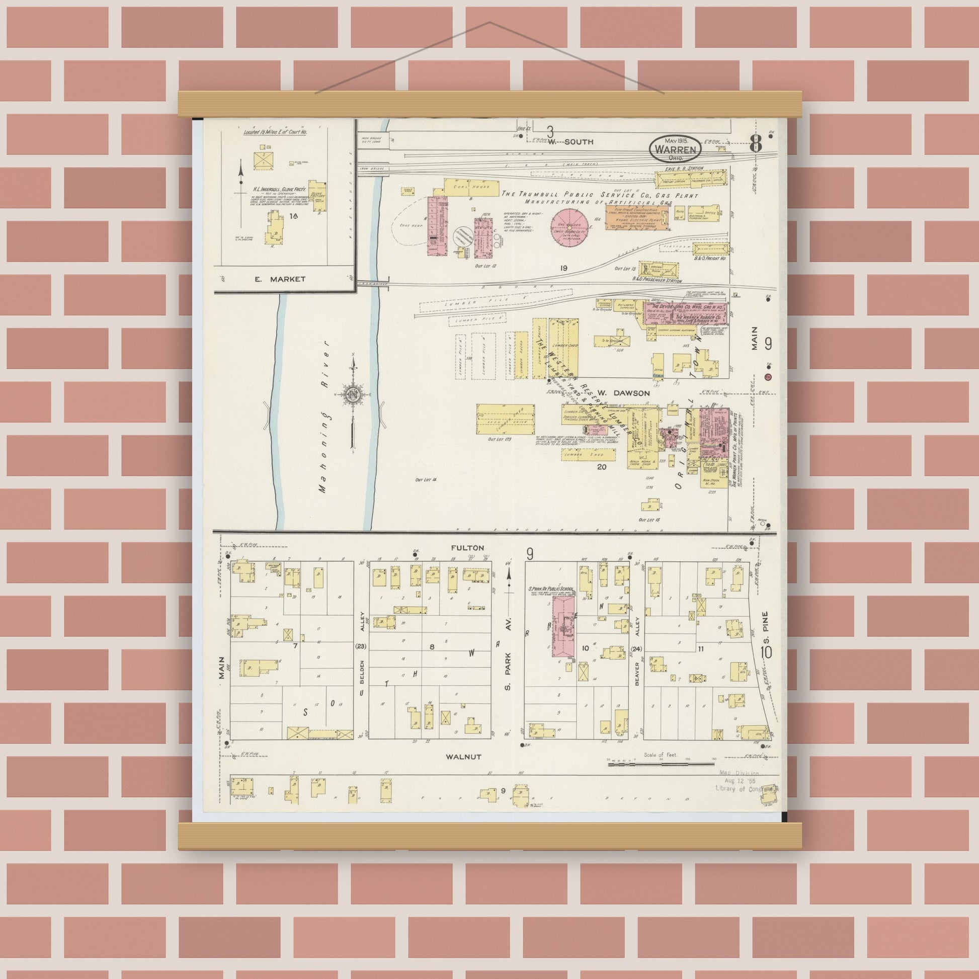 Old map wall art mockup — magnetic wood frame on brick wall — Sanborn Fire Insurance Map from Warren, Trumbull County, Ohio (1915), Sheet #0008