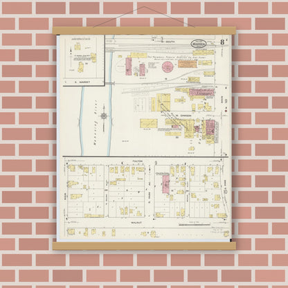 Old map wall art mockup — magnetic wood frame on brick wall — Sanborn Fire Insurance Map from Warren, Trumbull County, Ohio (1915), Sheet #0008