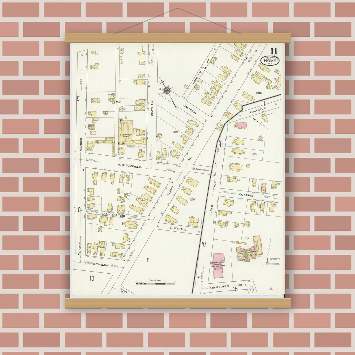 Old map wall art mockup — magnetic wood frame on brick wall — Sanborn Fire Insurance Map from Rome, Oneida County, New York (1909), Sheet #0011