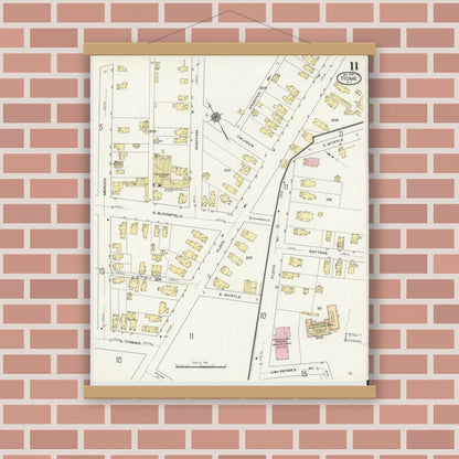 Old map wall art mockup — magnetic wood frame on brick wall — Sanborn Fire Insurance Map from Rome, Oneida County, New York (1909), Sheet #0011