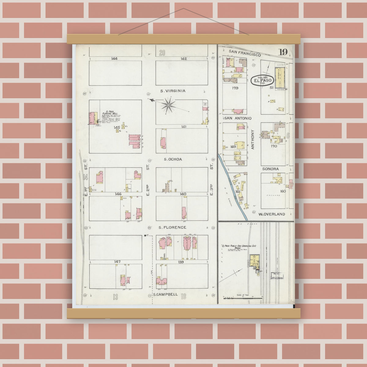 Old map wall art mockup — magnetic wood frame on brick wall — Sanborn Fire Insurance Map from El Paso, El Paso County, Texas (1893), Sheet #0019