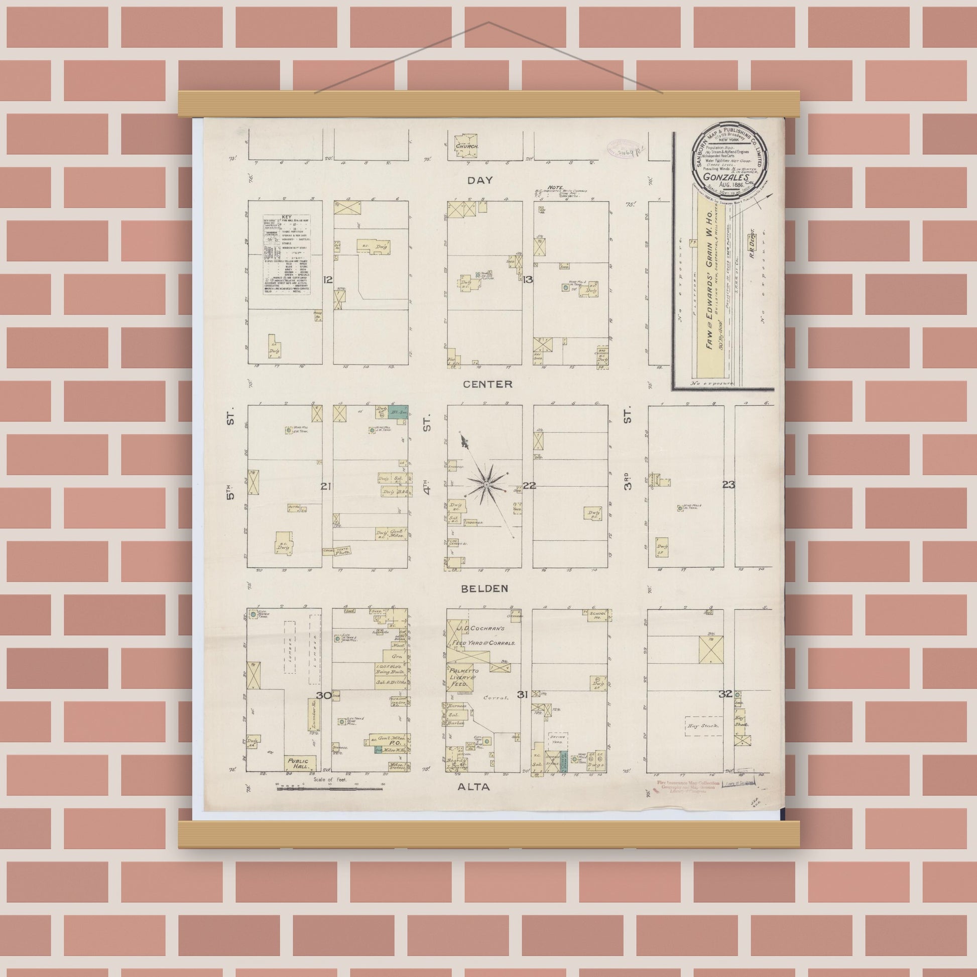 Old map wall art mockup — magnetic wood frame on brick wall — Sanborn Fire Insurance Map from Gonzales, Monterey County, California (1886), Sheet #0001