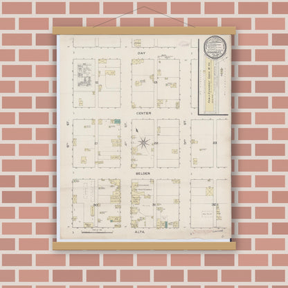 Old map wall art mockup — magnetic wood frame on brick wall — Sanborn Fire Insurance Map from Gonzales, Monterey County, California (1886), Sheet #0001