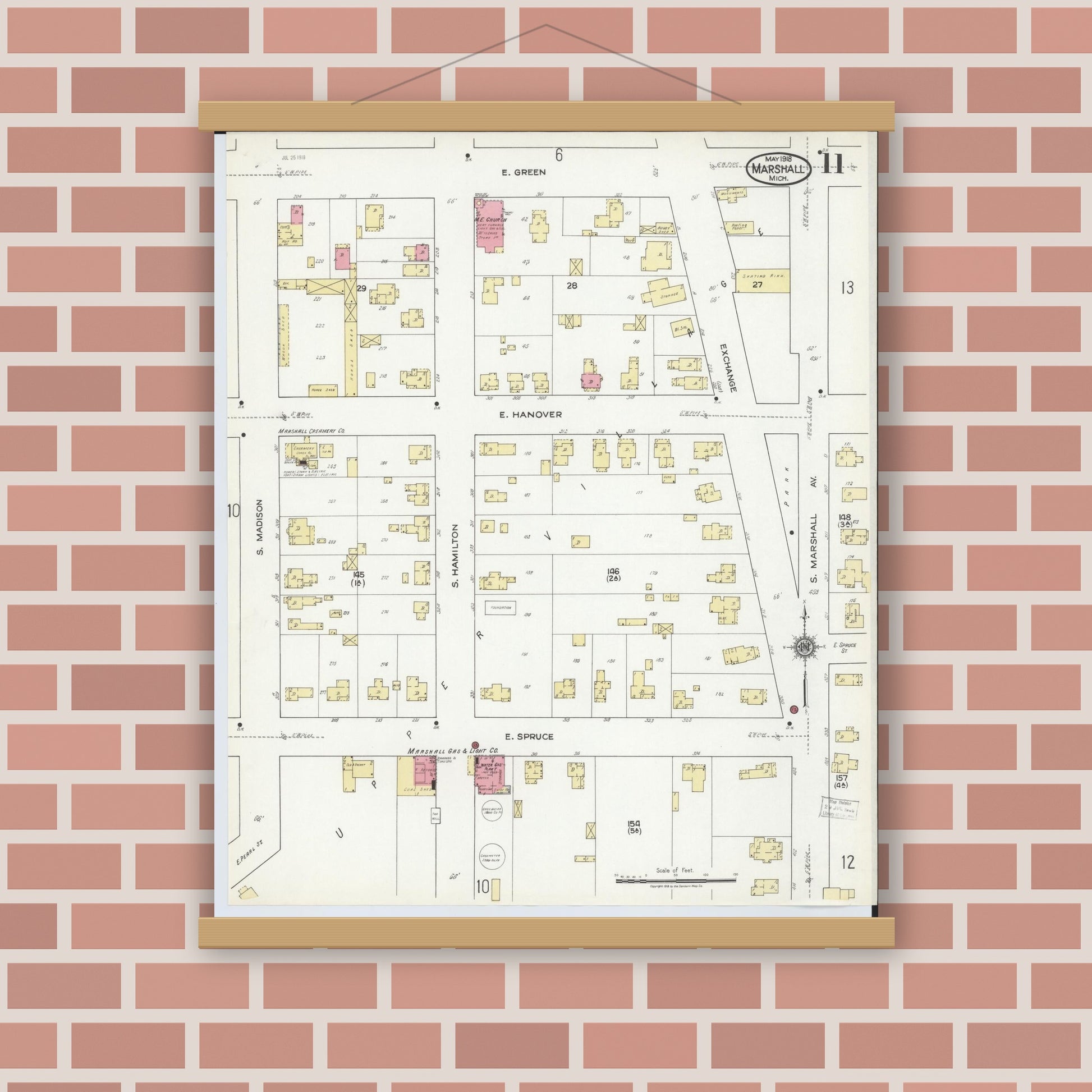 Old map wall art mockup — magnetic wood frame on brick wall — Sanborn Fire Insurance Map from Marshall, Calhoun County, Michigan (1916), Sheet #0011