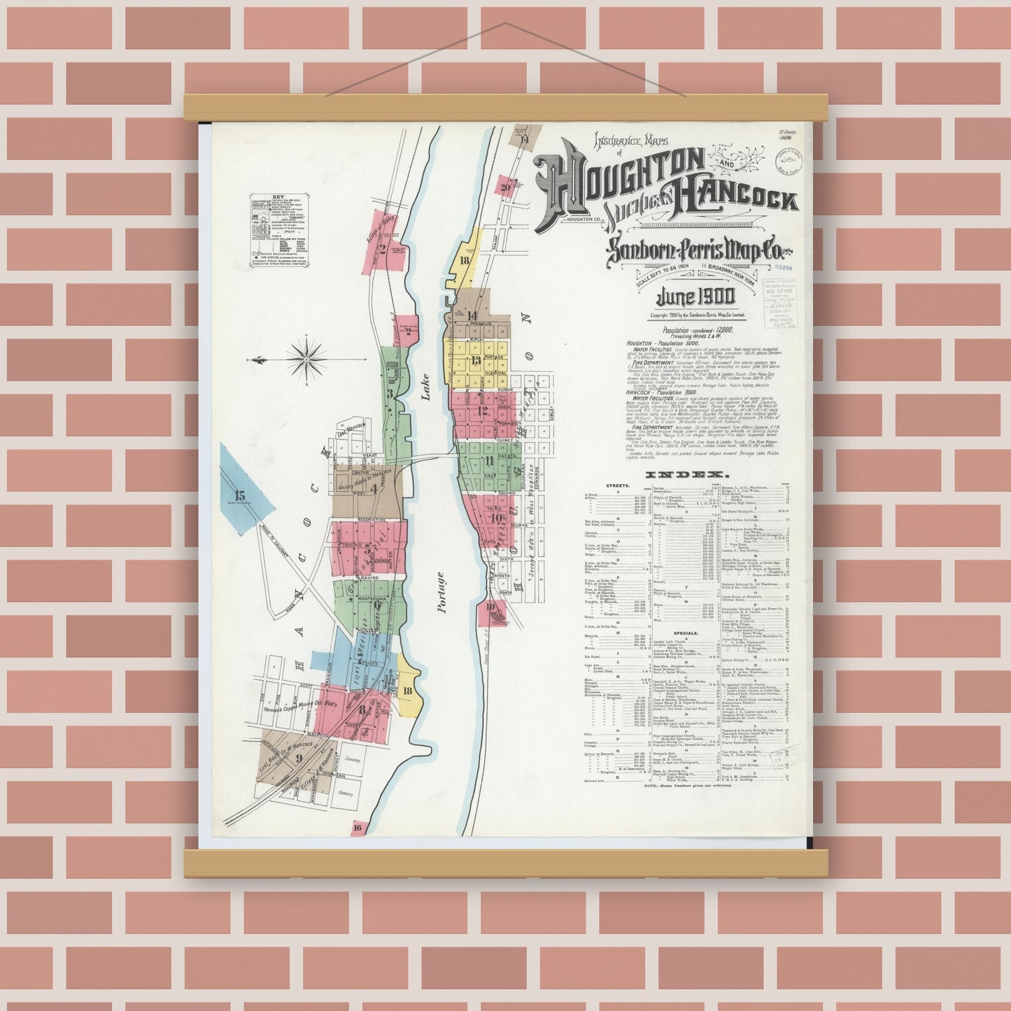 Old map wall art mockup — magnetic wood frame on brick wall — Sanborn Fire Insurance Map from Houghton, Houghton County, Michigan (1900) - Complete Map Set