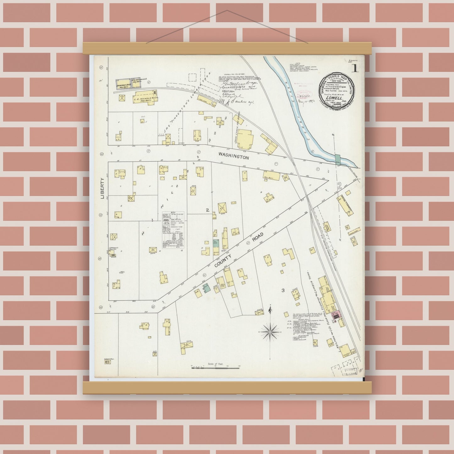Old map wall art mockup — magnetic wood frame on brick wall — Sanborn Fire Insurance Map from Lowell, Lake County, Indiana (1893) - Complete Map Set