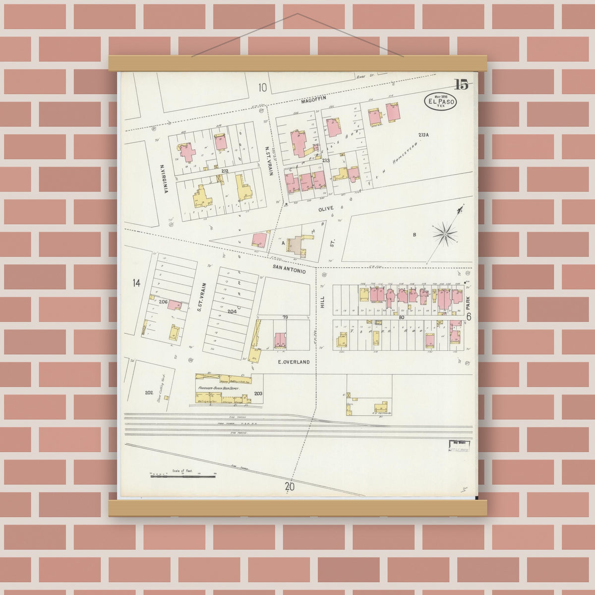 Old map wall art mockup — magnetic wood frame on brick wall — Sanborn Fire Insurance Map from El Paso, El Paso County, Texas (1898), Sheet #0015