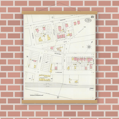 Old map wall art mockup — magnetic wood frame on brick wall — Sanborn Fire Insurance Map from El Paso, El Paso County, Texas (1898), Sheet #0015