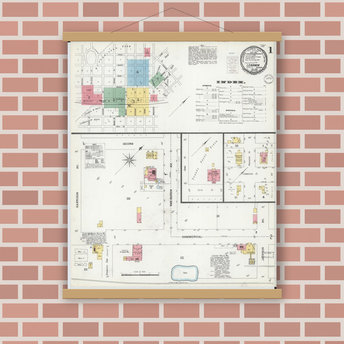Old map wall art mockup — magnetic wood frame on brick wall — Sanborn Fire Insurance Map from Lebanon, Laclede County, Missouri (1900), Sheet #0001