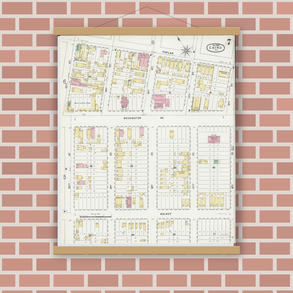 Old map wall art mockup — magnetic wood frame on brick wall — Sanborn Fire Insurance Map from Cairo, Alexander County, Illinois (1896), Sheet #0007