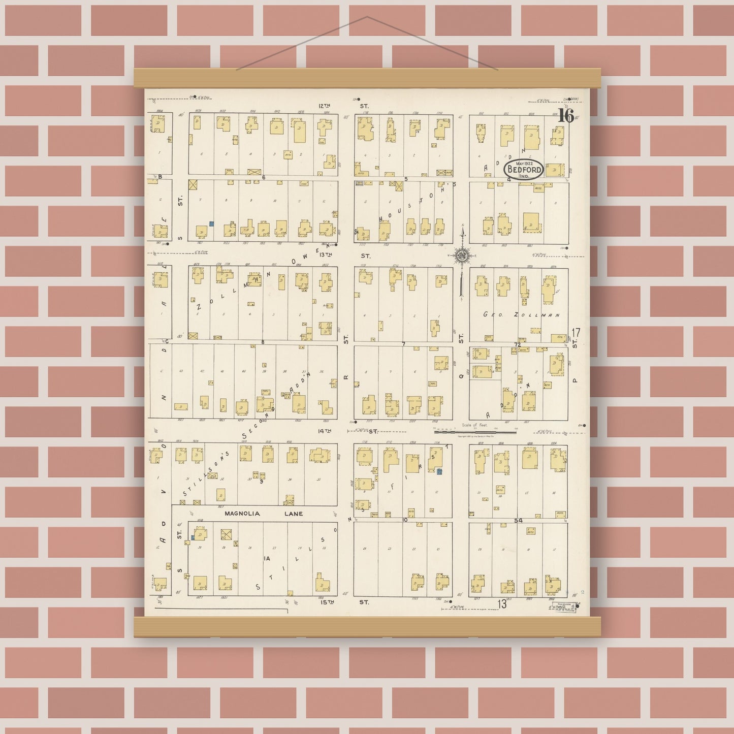 Old map wall art mockup — magnetic wood frame on brick wall — Sanborn Fire Insurance Map from Bedford, Lawrence County, Indiana (1922), Sheet #0016