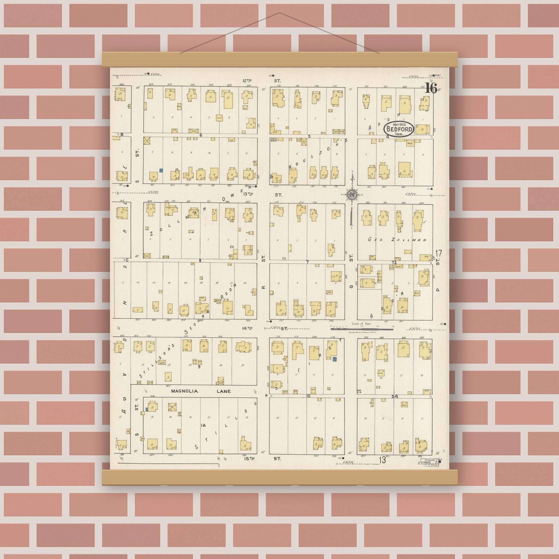 Old map wall art mockup — magnetic wood frame on brick wall — Sanborn Fire Insurance Map from Bedford, Lawrence County, Indiana (1922), Sheet #0016