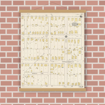 Old map wall art mockup — magnetic wood frame on brick wall — Sanborn Fire Insurance Map from Bedford, Lawrence County, Indiana (1922), Sheet #0016