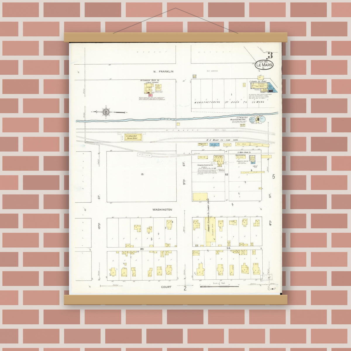 Old map wall art mockup — magnetic wood frame on brick wall — Sanborn Fire Insurance Map from Le Mars, Plymouth County, Iowa (1913), Sheet #0003