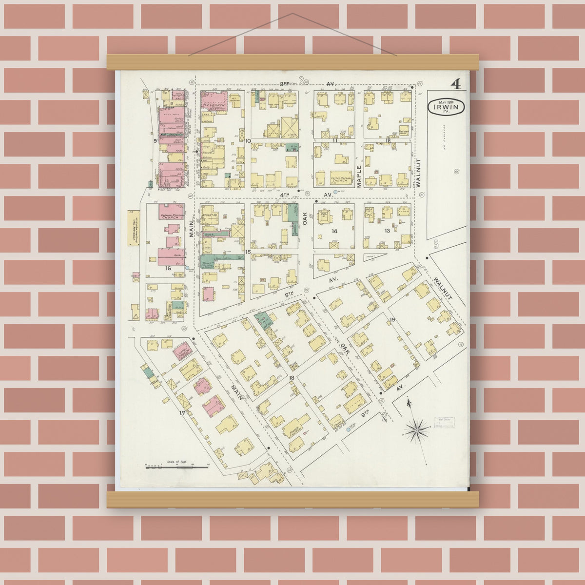 Old map wall art mockup — magnetic wood frame on brick wall — Sanborn Fire Insurance Map from Irwin, Westmoreland County, Pennsylvania (1894), Sheet #0004