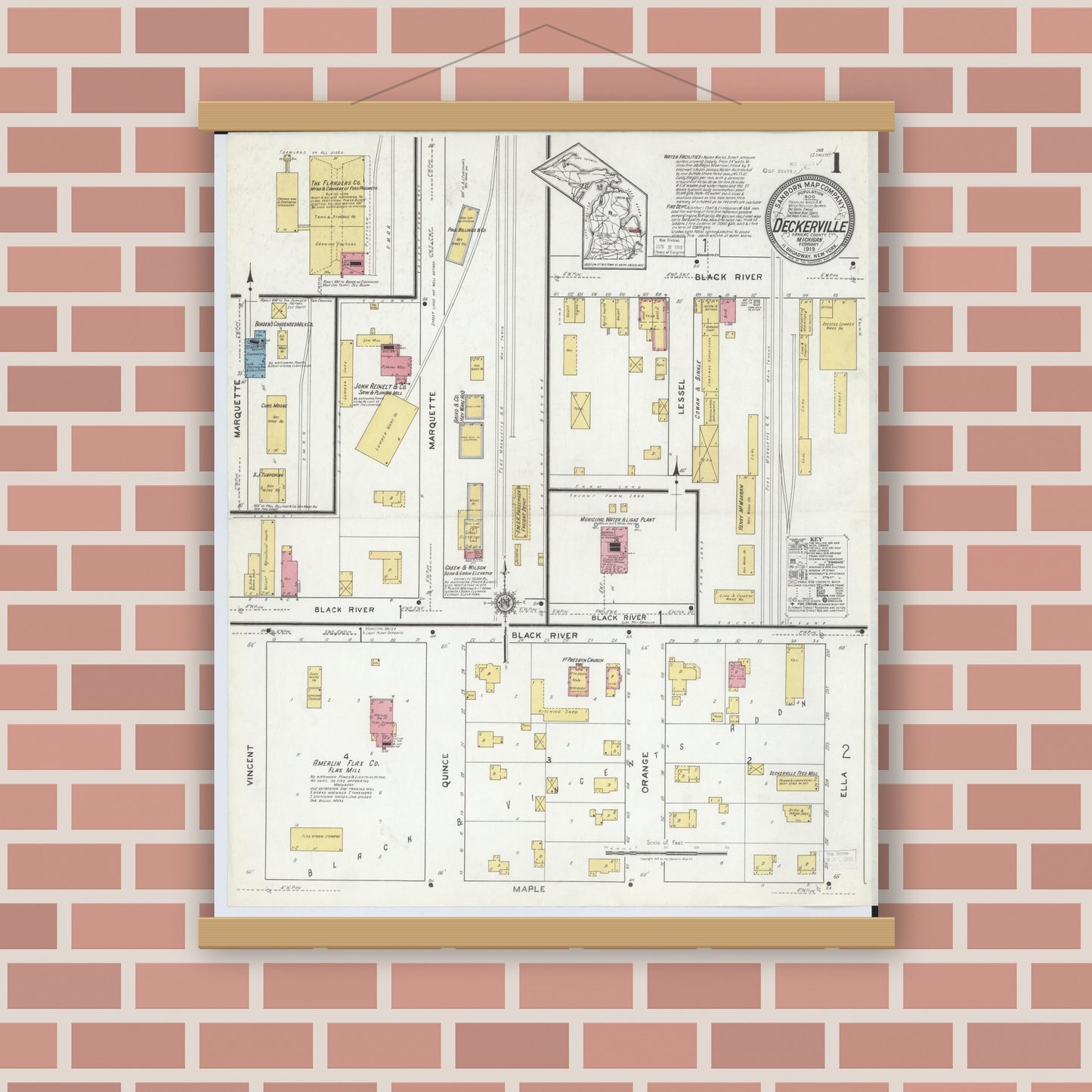 Old map wall art mockup — magnetic wood frame on brick wall — Sanborn Fire Insurance Map from Deckerville, Sanilac County, Michigan (1919) - Complete Map Set