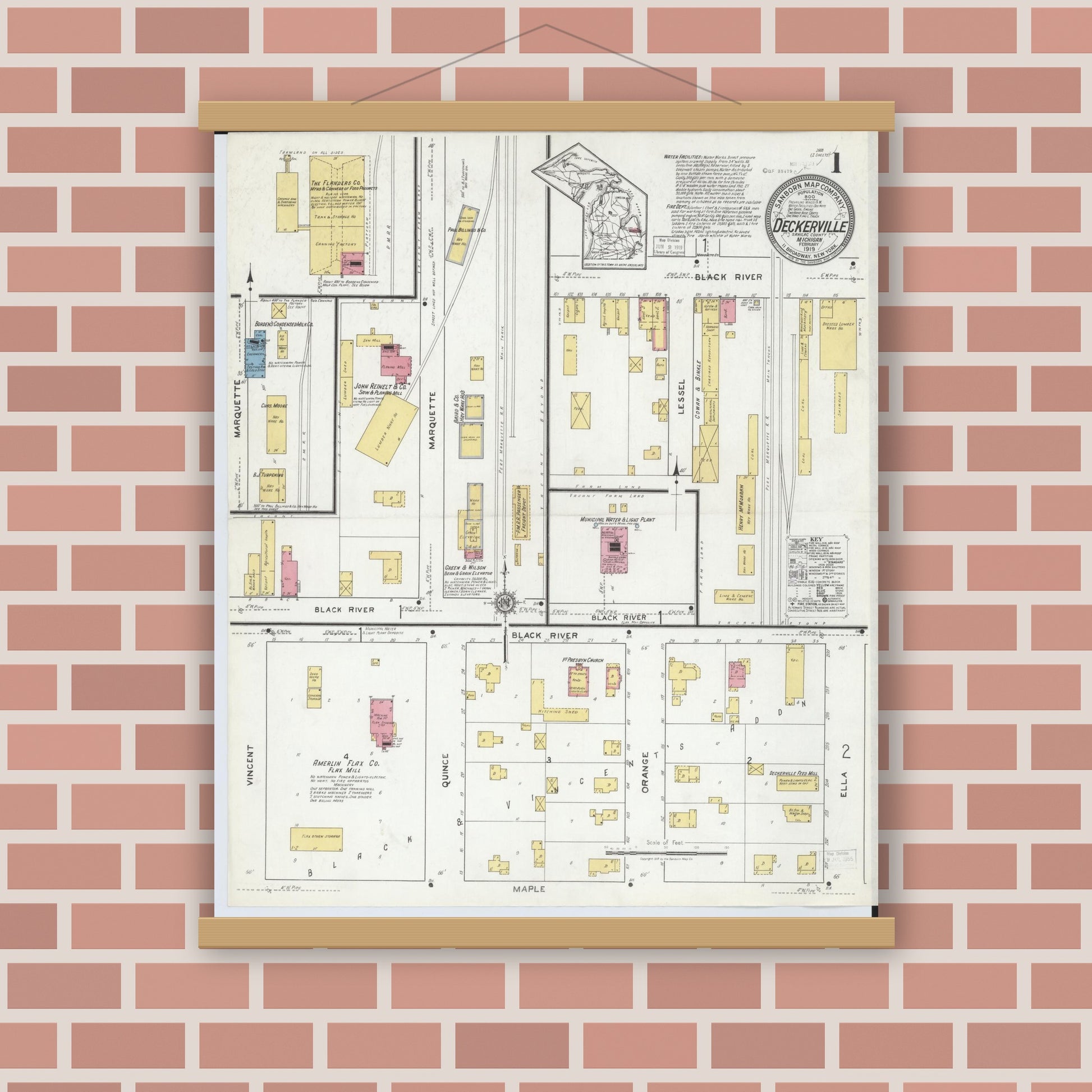 Old map wall art mockup — magnetic wood frame on brick wall — Sanborn Fire Insurance Map from Deckerville, Sanilac County, Michigan (1919) - Complete Map Set